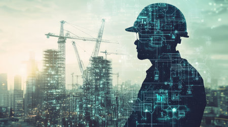 Engineer uses digital tech icons in double exposure with construction cranes, showing the future of construction.の素材