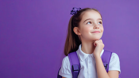 Dreamy preteen girl in school uniform and backpack, smiling and looking away, lost in thought. Perfect for education and advertising themes. Isolated on lilac violet background.の素材
