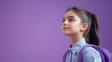 Latin schoolgirl wearing a uniform and backpack, gazing into the distance with a thoughtful expression. Ideal for ads and educational content. Lilac violet background.の素材