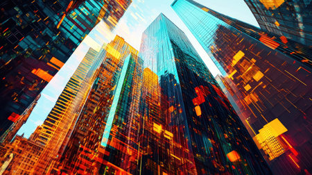 Overlapping financial graphs and skyscrapers, illustrating the interplay between stock market business and urban growth.の素材