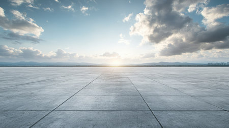 Large, clean cement yard under a clear sky, ready for sports, events, or industrial activities. An open, adaptable space.の素材