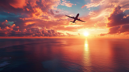 Scenic tropical sunset with an airplane soaring above the ocean, capturing the moment.の素材