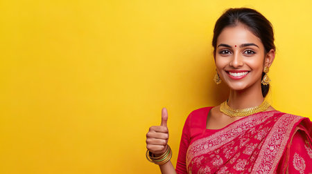 Indian woman with a joyful expression, giving a thumbs up and pointing right to a blank area, ideal for promotional text. Yellow background.の素材