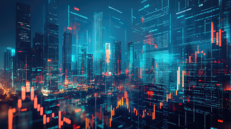 Overlapping financial data with a futuristic city skyline, representing stock market trends influencing urban environments.の素材