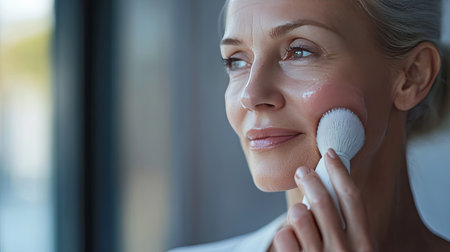 Mature woman using a facial cleansing brush, emphasizing deep cleaning as a key step in anti-aging skin care.の素材