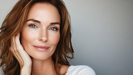 Mature woman with a radiant glow, highlighting the positive effects of a consistent anti-aging skin care regimen. Confident and beautiful.の素材