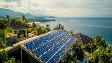 Rooftop solar panels on a hotel in a tropical setting, generating eco-friendly energy.の素材