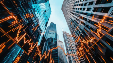 Overlapping financial graphs and skyscrapers, illustrating the interplay between stock market business and urban growth.の素材