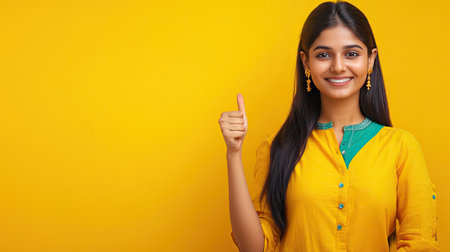 Indian woman with a joyful expression, giving a thumbs up and pointing right to a blank area, ideal for promotional text. Yellow background.の素材