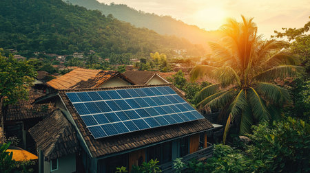 Rooftop solar panels on a hotel in a tropical setting, generating eco-friendly energy.の素材