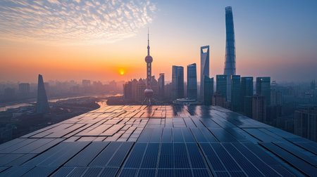 Shanghai urban landscape featuring solar panels and the iconic skyline, highlighting the city's green energy transition.の素材
