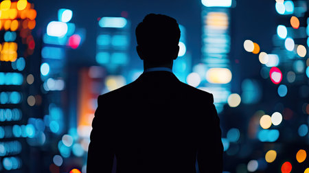 Silhouette of a young professional against a night-lit city, symbolizing the challenges and rewards of corporate life.の素材