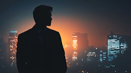 Silhouette of a young businessman side view with a city skyline at night, symbolizing the challenges of corporate life.の素材