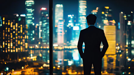 Silhouette of a young professional against a night-lit city, symbolizing the challenges and rewards of corporate life.の素材