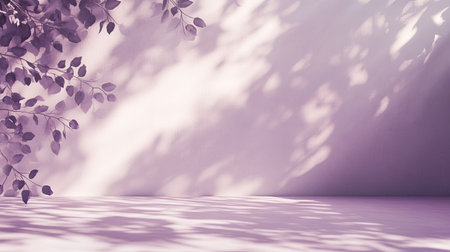 Studio backdrop in white and purple, with soft leaf shadows adding a natural touch to the setting.の素材