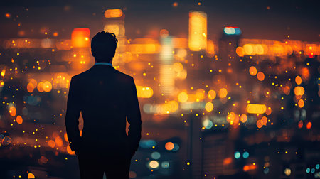 Silhouette of a young businessman side view with a city skyline at night, symbolizing the challenges of corporate life.の素材