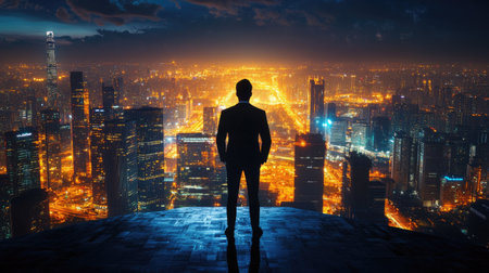 Silhouette of a young businessman facing a city illuminated at night, symbolizing the journey of corporate success.の素材