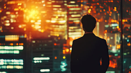 Silhouette of a young professional against a night-lit city, symbolizing the challenges and rewards of corporate life.の素材