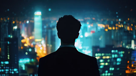 Silhouette of a young businessman facing a glowing night cityscape, representing the challenges and rewards of corporate life.の素材
