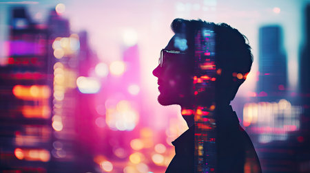 Silhouette of a young businessman side view against a vibrant night cityscape, symbolizing corporate life and career ambitions. Double exposure.の素材