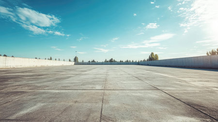 Spacious cement yard under a clear sky, ready for various activities like sports or industrial use.の素材