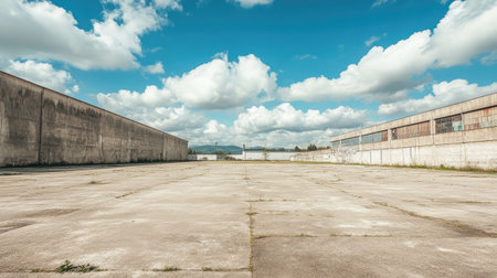 Spacious cement yard under a clear sky, ready for various activities like sports or industrial use.の素材