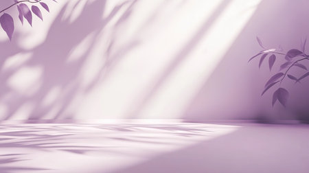Studio background in white and purple with leaf shadows, ideal for showcasing elegant and simple products.の素材