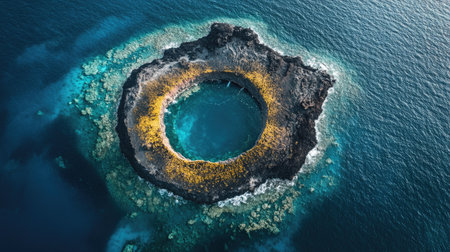 Top view of a volcanic island with a central crater and surrounding coral reefs in the clear oceanの素材