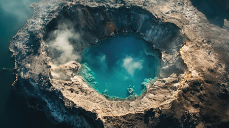 Top view of a volcanic crater with a turquoise acidic lake and surrounding sulfur depositsの素材