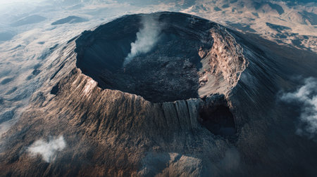 Top view of a volcano with a partially collapsed crater, revealing layers of volcanic rock and ashの素材