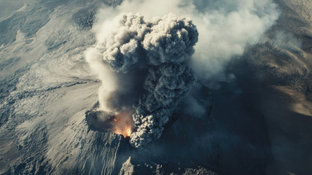 Top view of a volcanic eruption with ash plume rising high into the atmosphere, casting shadows on the groundの素材