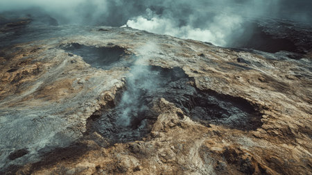 Top view of a volcanic plateau with cracks in the earth, steam vents, and a desolate, rocky landscapeの素材