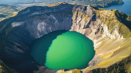 Top view of a volcanic crater lake with bright green water and steep crater wallsの素材