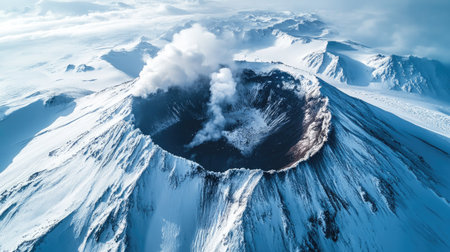 Top view of a volcano with snow-covered peaks and a steaming crater, contrasting with the icy surroundingsの素材