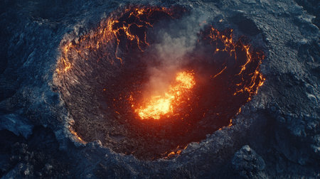 Top view of a volcanic crater rim with jagged edges and a small, bubbling lava pool at the centerの素材