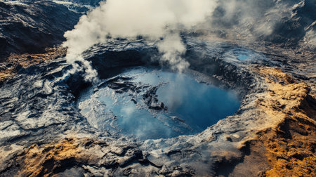Top view of a volcanic crater with a small, bubbling mud pool and steam rising around itの素材