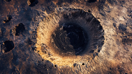 Top view of a volcanic caldera with a series of concentric craters and fissures in the groundの素材