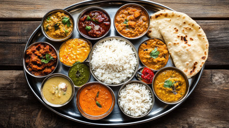Top view of a vibrant Indian thali, showcasing a variety of dishes including dal, curry, rice, naan, and colorful chutneys on a wooden tableの素材