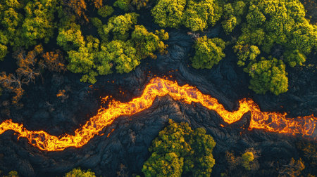 Top view of a volcanic lava flow cutting through a forest, leaving a charred path in its wakeの素材
