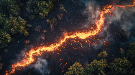 Top view of a volcanic lava flow cutting through a forest, leaving a charred path in its wakeの素材