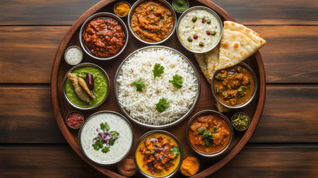 Top view of a vibrant Indian thali, showcasing a variety of dishes including dal, curry, rice, naan, and colorful chutneys on a wooden tableの素材