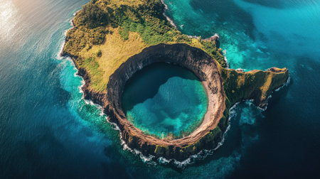 Top view of a volcanic island with a crater at its center, surrounded by turquoise ocean watersの素材