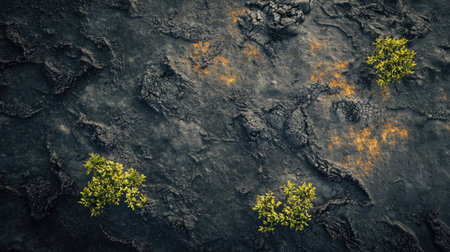 Top view of a volcanic landscape with black sand, lava rocks, and sparse vegetationの素材