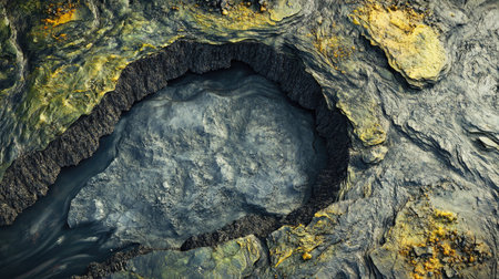 Top view of a volcanic landscape with a crater, ash deposits, and a river cutting through the terrainの素材