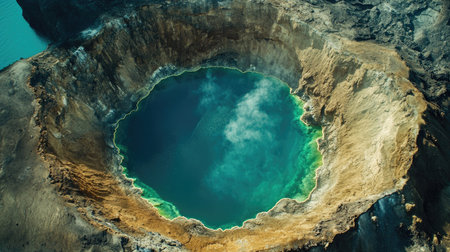 Top view of a volcanic crater with a turquoise acidic lake and surrounding sulfur depositsの素材