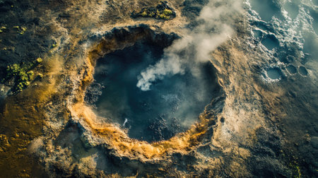 Top view of a volcanic crater with a small, bubbling mud pool and steam rising around itの素材