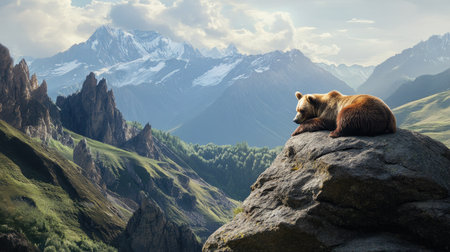 A bear resting on a large rock, viewed from above, with a scenic mountain range in the background, showcasing the animal in a majestic landscape.の素材