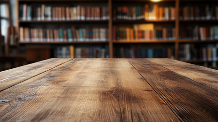 A clean, empty wooden table with a contemporary library background, ready for product presentation or branding purposes.の素材