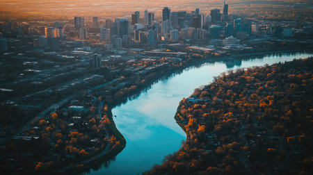A bird's-eye view of a city with a river winding through it, reflecting the skyline and adding to the city's charm.の素材