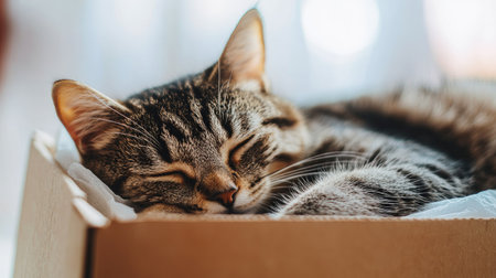 A cozy cat napping inside a box, surrounded by the simplicity of a white background, ideal for themes of comfort and relaxation.の素材